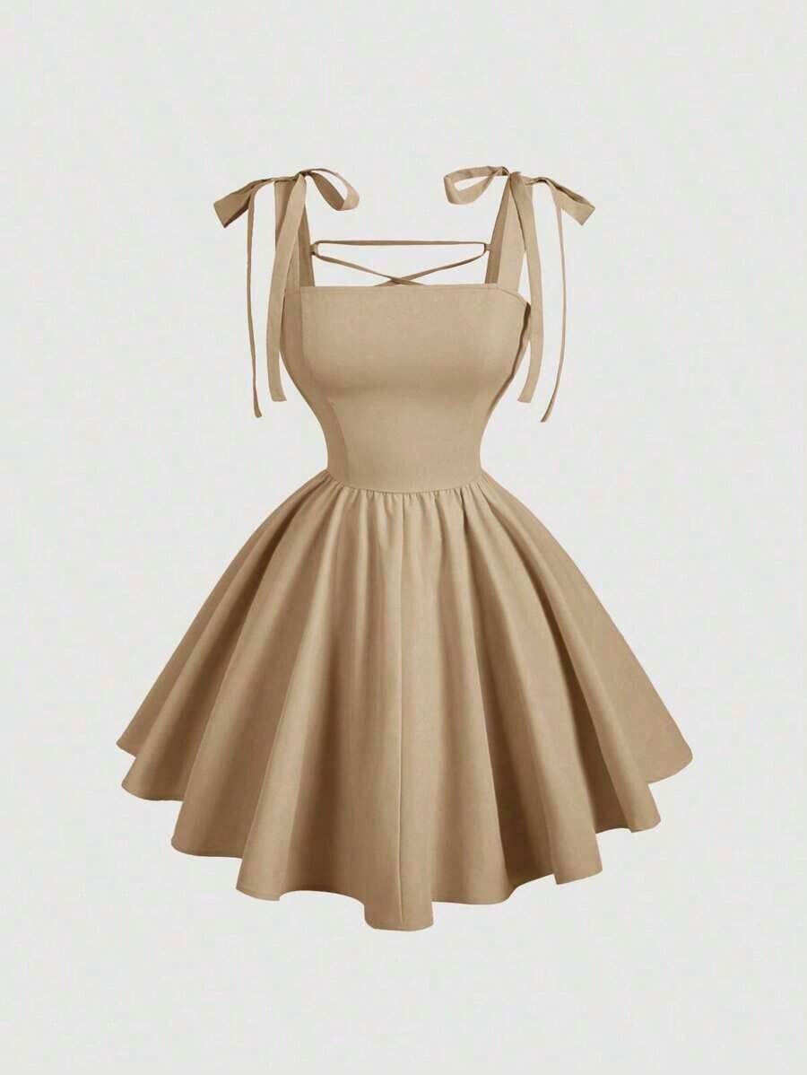 Vestido rosa romántico con espalda descubierta y lazo, adecuado para citas, fiestas, vacaciones, meriendas de té y ocasiones de cumpleaños - Caqui - Ver 1