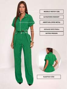 Women's Long Tailored Linen Set - Cropped Blouse And Pants - GREEN SPINACH LINEN - View 6