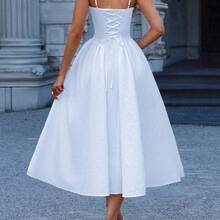 Unadoll Women's Elegant White Corset Midi Dress, Sweetheart Neck Spaghetti Strap Lace-Up Back A-Line Formal Dress For Wedding & Party - Blanco - Ver 3