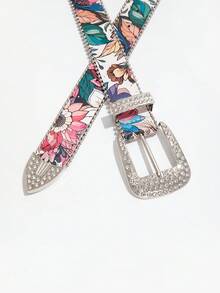 1pc Asymmetrical Flower Embossed Gold Tone Carved Metal Buckle Waist Belt, Versatile Accessory For Women - Multicolor Rhinestones - View 3