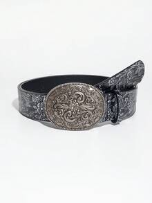 1pc Women's Engraved Metal Buckle Vintage Black & White Distressed Floral Pattern PU Leather Belt, Western Style Suitable For Commuting - Black and White - View 6