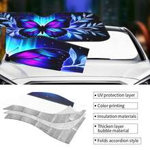 1 peça de protetor solar dobrável para para-brisa de carro com estampa de borboleta roxa, isolamento térmico para o verão, proteção UV, resfriamento interno, compatível com a maioria dos veículos. - Guarda-sol - Ver 10