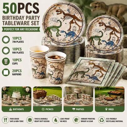 Dinosaur Fossil Archaeology Themed Birthday Party Set, Creative Paper Plates And Cups Tableware, Complete Decoration Set For Children's Theme Party