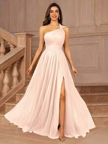 Vestido formal largo para dama de honor, invitada de boda, evento, verano, San Valentín, cumpleaños, con cuello cruzado asimétrico de un hombro, espalda descubierta, falda de tul en línea A, vestidos de mujer para otoño, regreso a clases, fiesta de bienvenida, cumpleaños, primavera elegante - Rosa - Ver 6