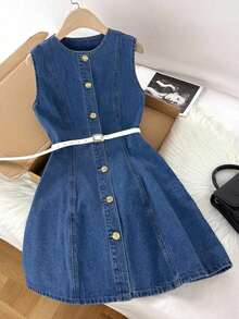 Vestido mini ajustado de mezclilla sin mangas y casual, azul - Azul lavado medio - Ver 5