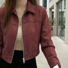 Chaqueta con cremallera de unicolor y cuello de ante sintético para mujer, uso casual para la escuela, el aeropuerto, primavera/otoño - Rojo - Ver 1
