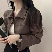 Chaqueta con cremallera de unicolor y cuello de ante sintético para mujer, uso casual para la escuela, el aeropuerto, primavera/otoño - Café integral - Ver 3