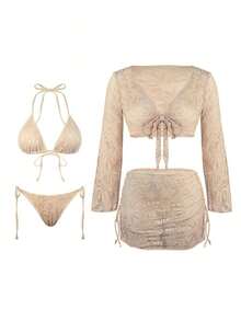 Swim  Conjunto de bikini de unicolor de playa de verano, set de 4 piezas - Marrón 2 - Ver 1