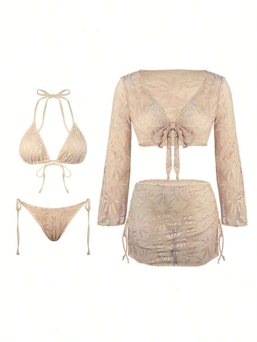 Swim Conjunto de bikini de unicolor de playa de verano, set de 4 piezas - Marrón 2 - Ver 1
