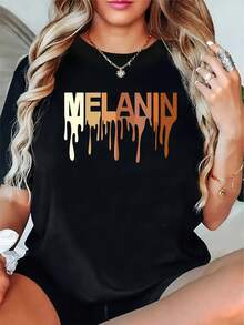 Camiseta Casual de Verano para Mujer, Talla Grande - 1 pieza de camiseta negra con estampado para mujer - Letras negras llamativas, cuello redondo, manga corta, camiseta suave para uso diario, adecuada para todas las estaciones, camiseta casual, ideal para uso diario y formal, camiseta para mujer, prenda versátil, detalles a rayas, ajuste cómodo, camisa elegante, patrón geométrico, material duradero, camisa con estilo, camiseta chic y a la moda para mujer. - Negro - Ver 8