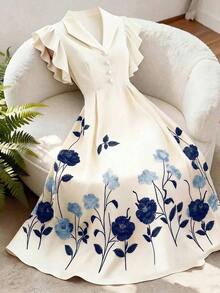 Vestido de manga acampanada de longitud media, de color albaricoque, con estampado floral, cuello de solapa, botones de perlas en la cintura, diseño de manga acampanada, encantador, elegante, dulce, para uso diario, vacaciones, viajes, citas, esti - Multicolor - Ver 6