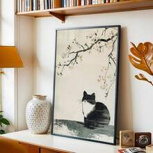 1幅无框日式樱花猫壁画，中性米色和黑色帆布印刷，侘寂美学家居装饰，适用于客厅和卧室 - A - 查看 7