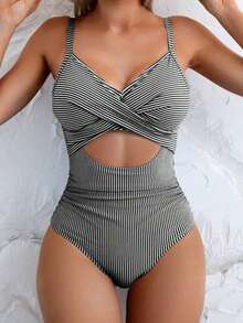 Traje de baño de una pieza sexy para mujer con rayas, escote delantero hueco y cordones en la espalda, para el verano - Negro 2 - Ver 5