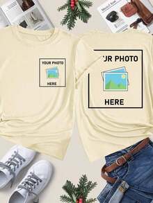 Personalized Women's T-Shirt - Add Your Text And Photos (Landscape/Badge/Couple/Family/Selfie/Pet), Printable On The Front And Back, Suitable For Summer Travel, Girlfriend Gift, Personalized Women's T-Shirt, Women's Top, Fashion, Casual, Minimalist, Personalized, Unique, Men's Clothing, Black Capsule Wardrobe, For The Family - 杏 - 查看 7