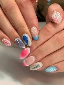24pcs Cute Fish Striped Nail Stickers, Medium Oval Macaron Fake Nails, Vibrant Macaron Summer Style, Colorful Stripes Combined With Cartoon Fish Wave Pattern, Glossy Finish, Oval Fake Nails, Perfect For Women's Summer Beach Vacation, Daily Commute, Party Music Festival And Other Occasions! - Multicolor - View 8