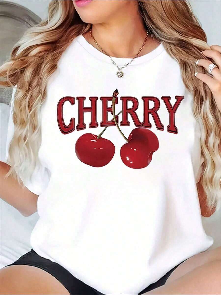 1 Fashionable Casual T-Shirt For Men And Women With Cherry Print, Casual Short Sleeve T-Shirt For Women, Summer Clothes With Fruit Design, It Is A Perfect T-Shirt To Give To Friends And Family On Any Holiday Or Special Occasion, Versatile, Easy To Match, Suitable For Daily Wear, Urban Style, Holiday Clothes, Weekend Wear. - 白色 - 查看 1