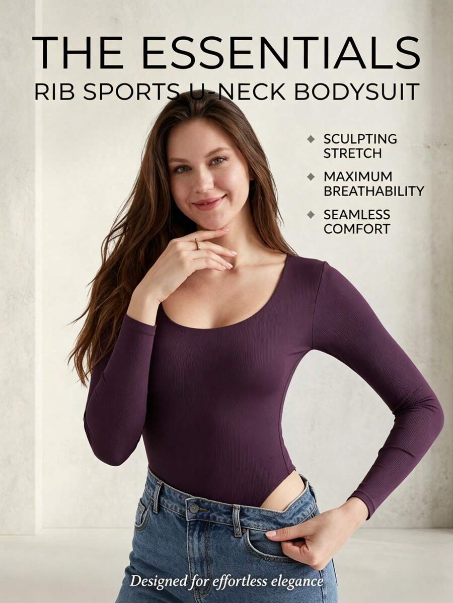 Women's Ribbed U-Neck Long Sleeve Bodysuit - Sculpting Stretch One-Piece Top For Casual, Lounge & Streetwear - Purple - View 1