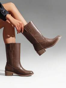 Women's Riding Boots Square Toe Retro Banana Boots Chunky Block Heel Pull-On Vintage Fashion Knee-High Boots - 巧克力棕 - 查看 5