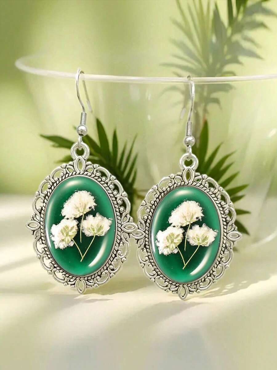 Bông tai mặt dây chuyền hình hoa baby's breath dập nổi, bông tai phong cách đồng quê mộng mơ, bông tai nữ phong cách tự nhiên Bohemian. - Bạc - Xem 1
