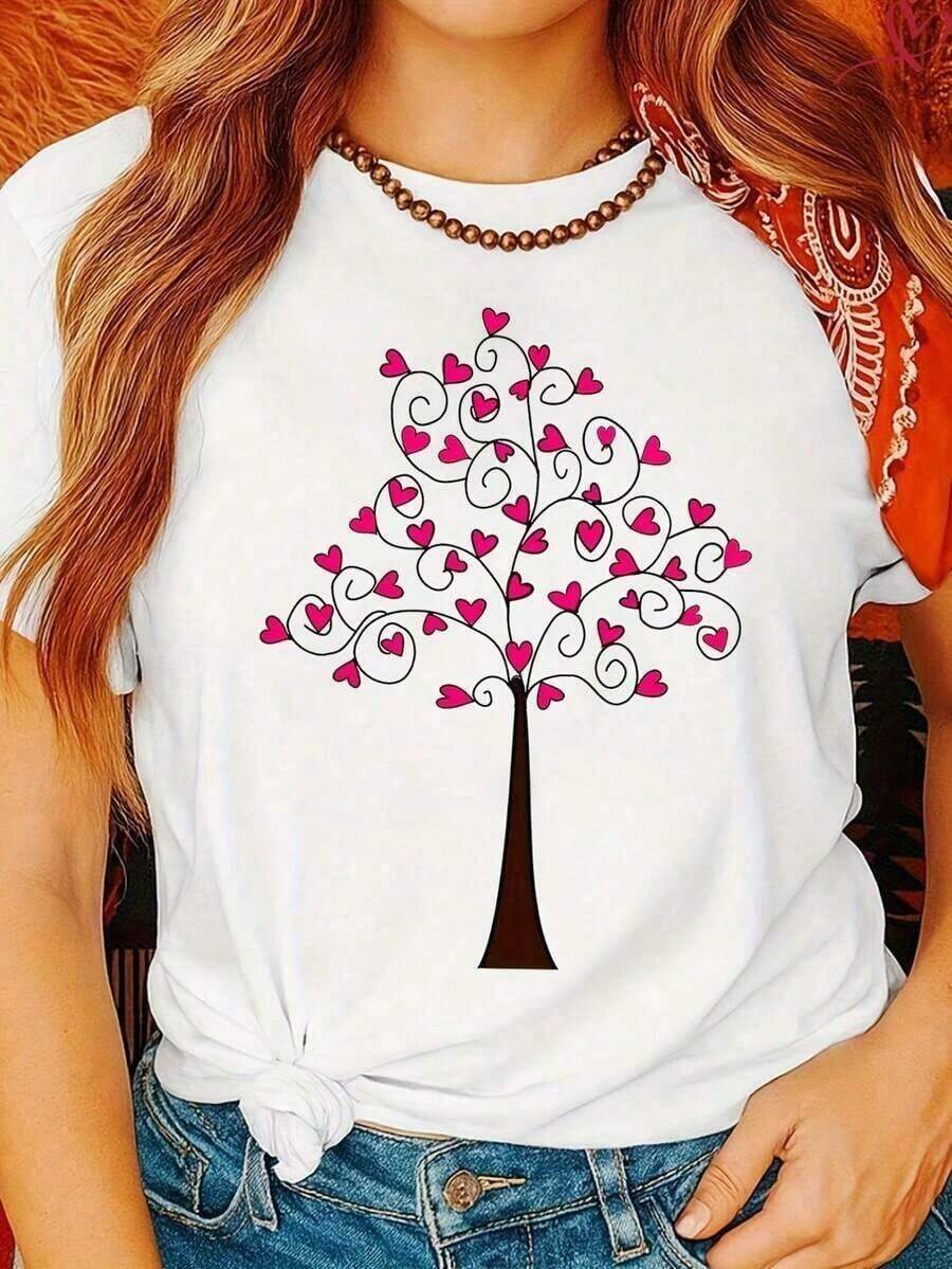 Women's Casual Short Sleeve T-Shirt, Cotton Blend, With 'Chasing The Horizon' Car Print, Round Neck, Regular Length - Style_ap - 查看 1