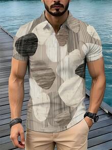 Men's Vacation Casual Three-Button Polo Shirt, Old Money Style, Men's Casual Everyday Wear. Abstract Geometric Shapes In Neutral Tones With Wood Texture This Short-Sleeved Casual Polo Shirt Features A Button-Down Collar And Is Suitable For Vacations - 風格 - 查看 4