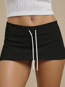 Minifalda de mujer con cintura baja y cordón, para verano - Negro 2 - Ver 6