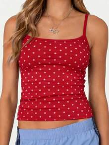 Women Polka Dot Print Square Neck Cami Tank Top - Red - View 2