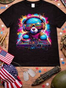 DJ Bear Colorful Music Lover T1EE T-Shirt, Cute DJ Bear T-Shirt, EDM Rave Festival, Fun Animal DJ Graphic. 220g Pure Unisex Cotton, Ideal Weight For All Seasons, Suitable For Men And Women. Durable, High-Quality Fabric, Soft To The Touch And Long-Lasting. Breathable Top. Suitable For Women In Spring And Summer, Holidays, Mother's Day, Independence Day. - 黑色 - 查看 1