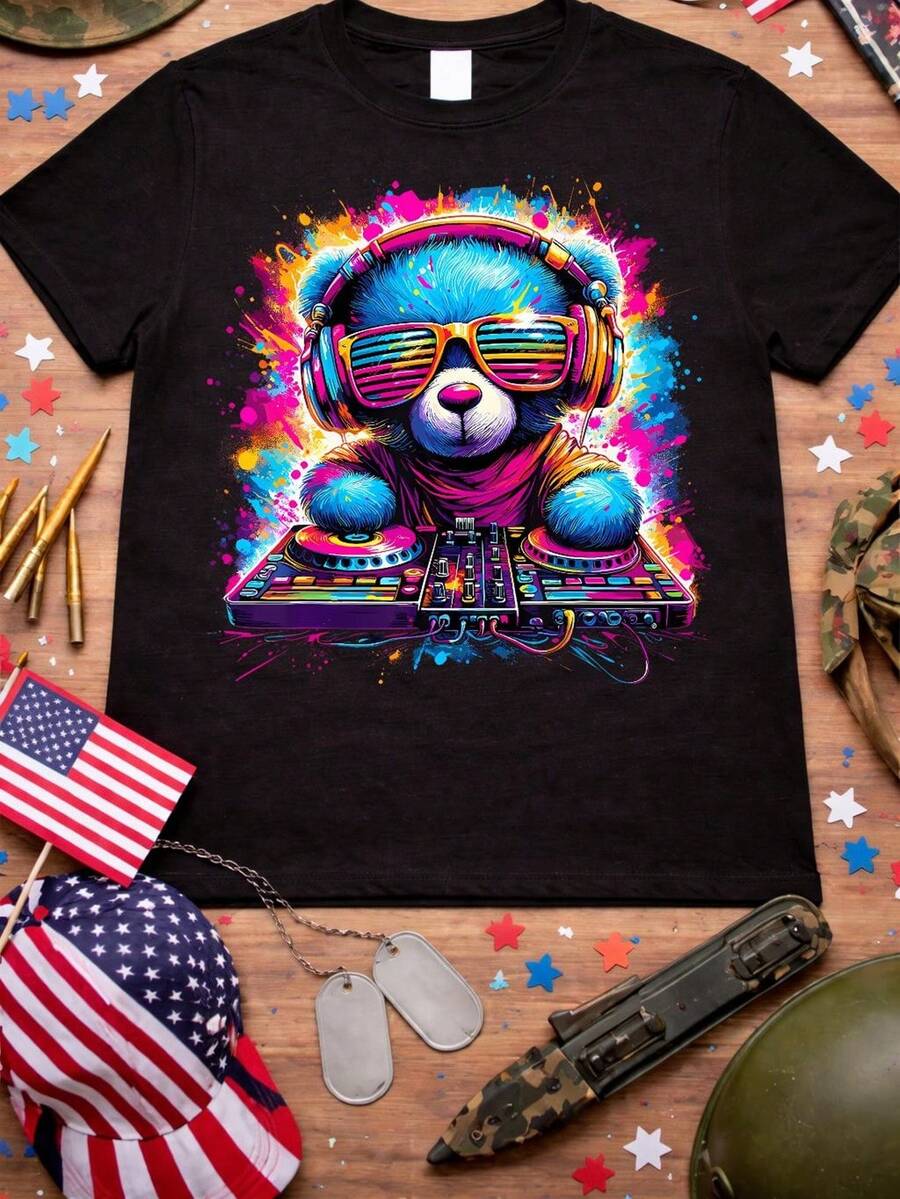 DJ Bear Colorful Music Lover T1EE T-Shirt, Cute DJ Bear T-Shirt, EDM Rave Festival, Fun Animal DJ Graphic. 220g Pure Unisex Cotton, Ideal Weight For All Seasons, Suitable For Men And Women. Durable, High-Quality Fabric, Soft To The Touch And Long-Lasting. Breathable Top. Suitable For Women In Spring And Summer, Holidays, Mother's Day, Independence Day. - 黑色 - 查看 1