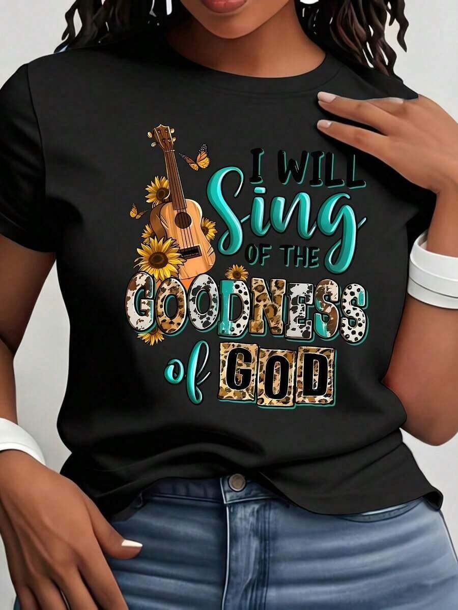 Women's Short-Sleeved T-Shirt With Round Neck, Guitar Design And Floral Print, Is Breathable And Does Not Cause Sweating, With A Soft And Smooth Texture, High Quality Feel, Suitable For Sports And Fitness, Daily Wear, Vacation, Office, School, Parties And Various Other Occasions. - 黑色 - 查看 1
