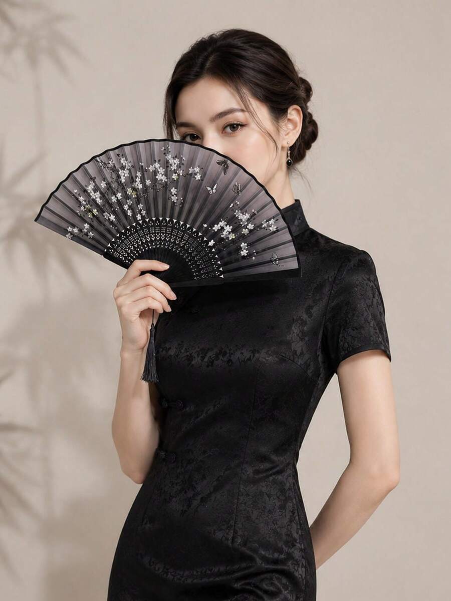 中式水墨梅花摺扇,女士小扇,夏季新款中式古風旗袍漢服道具,舞扇 - 黑色 - 查看 1