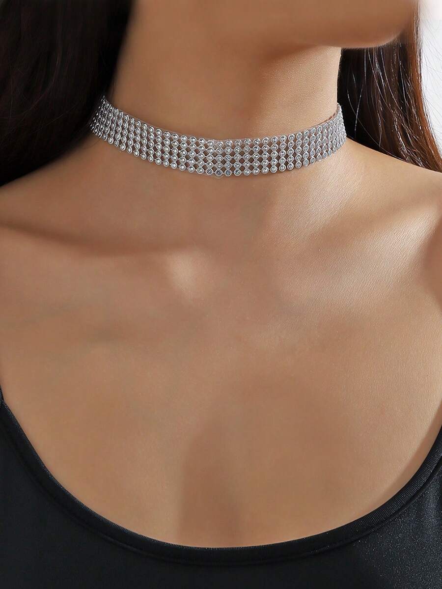 1pc Sparkling Crystal Choker Necklace, Suitable For Women's Wedding, Party And Daily Wear - Silver - View 1