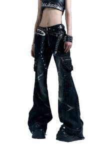 Punk Heavy Industries Low Waist Micro Pants Washed Denim Trousers - Black and Gray - View 5