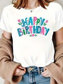 Women's Vintage Casual T-Shirt "Birthday Queen King", Short Sleeve, Round Neck, Elegant And Casual For Ladies. - 白色 - 查看 6