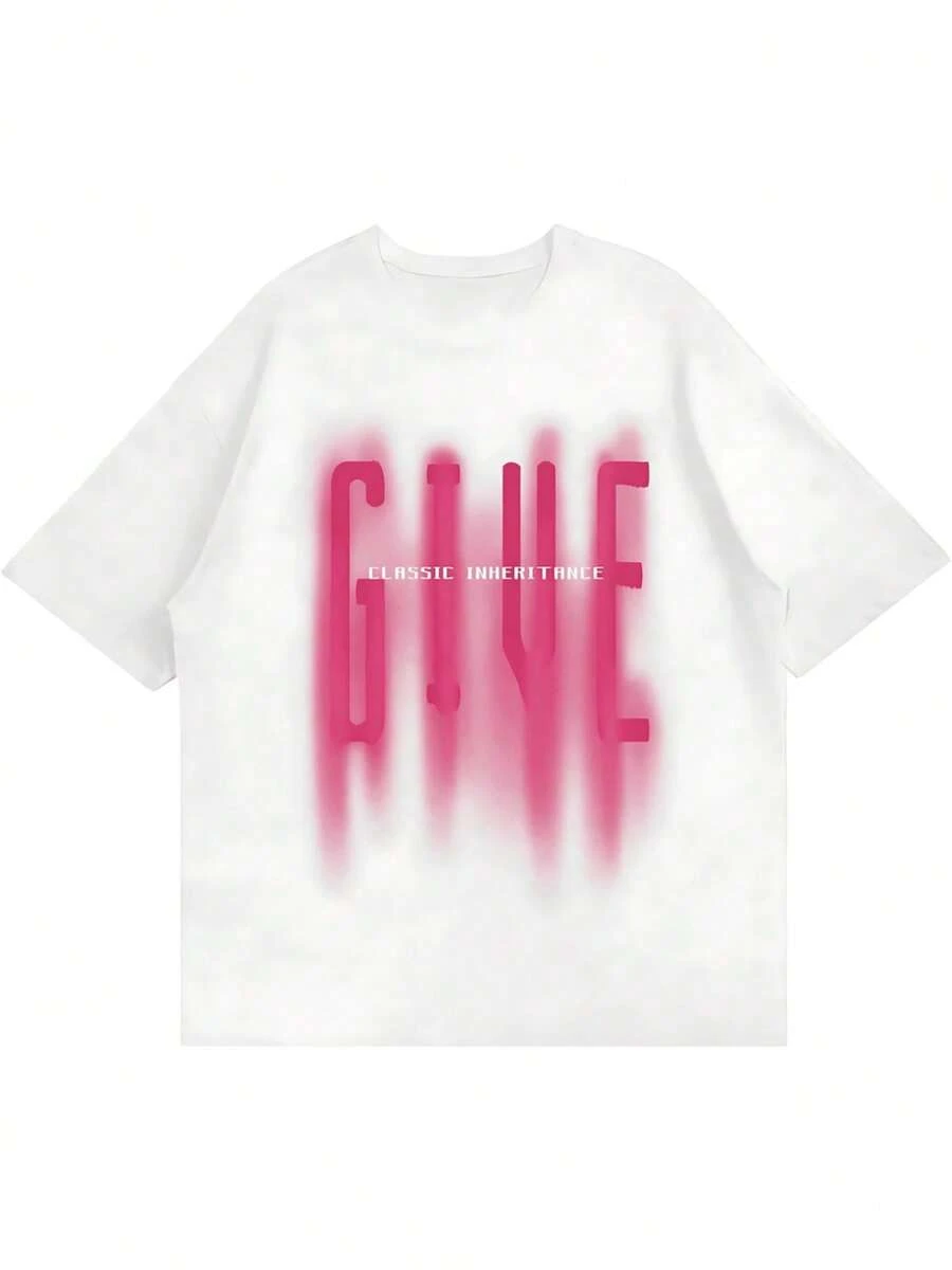 Playera mujer de algodón suave con estampado gráfico moderno en degradado rosa, manga corta holgada, estilo casual veraniego y diseño cómodo para uso diario - Blanco - Ver 1