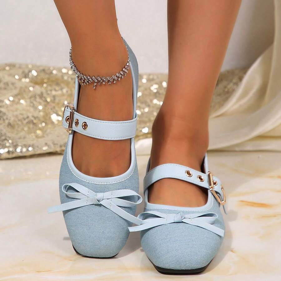 2026 Spring New Women's Blue Bow Tie Buckle Comfortable Versatile Shoes - Blue - View 1