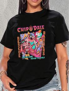 Gráfico colorido con personajes animados aventureros que simbolizan trabajo en equipo valentía amistad y lucha por la justicia en todo el mundo camiseta de mujer  casual cómoda ideal para uso diario - Negro - Ver 1