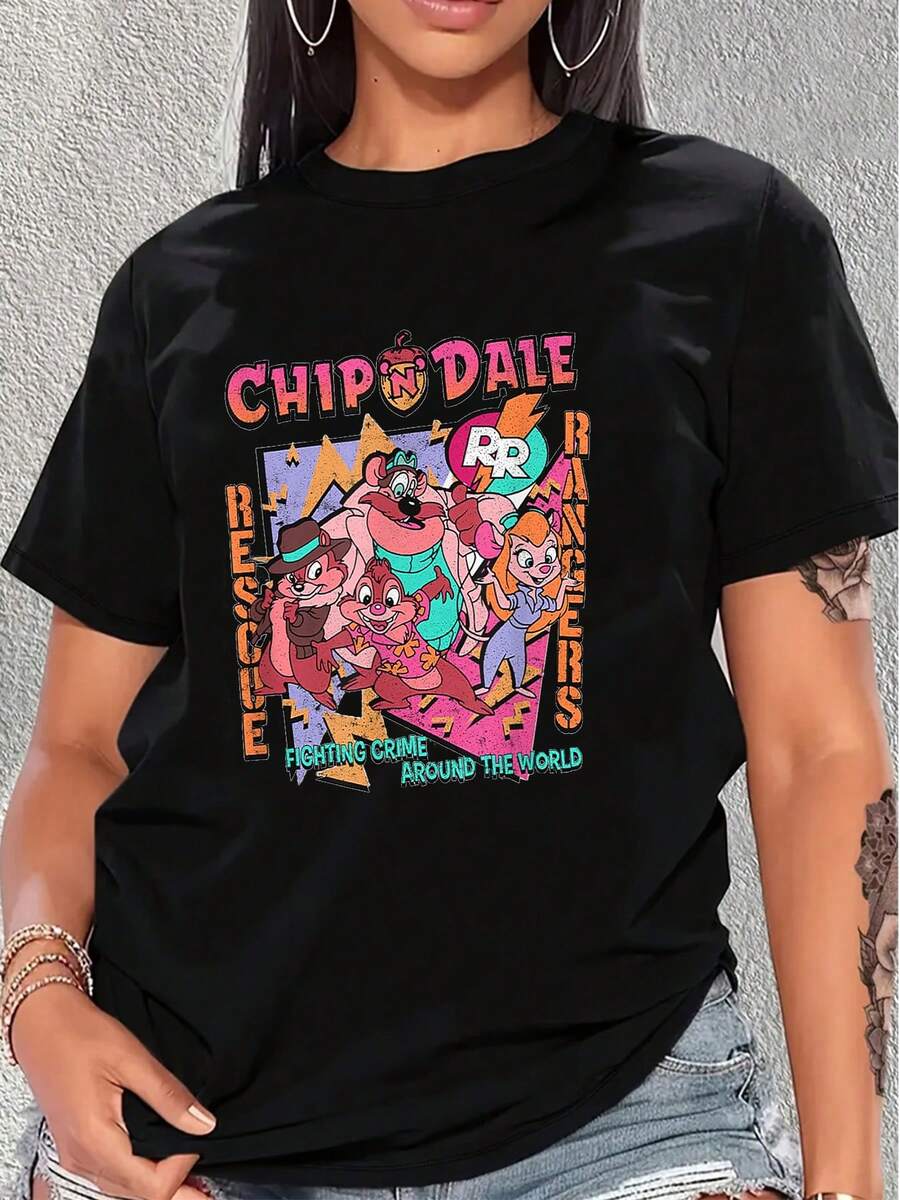 Gráfico colorido con personajes animados aventureros que simbolizan trabajo en equipo valentía amistad y lucha por la justicia en todo el mundo camiseta de mujer casual cómoda ideal para uso diario - Negro - Ver 1