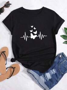 Camiseta suelta de mujer con estampado de mariposa en líneaPure-Cotton - Negro - Ver 7