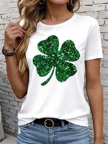 Soft 100% Cotton Women's Casual T-Shirt With A Bright Green Shamrock Print, Perfect For Celebrating St. Patrick's Day, A Great Gift For Friends And Family. 220g, Breathable Cotton T-Shirt, Goes With Everything, Great. - 白色 - 查看 4
