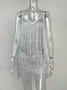 Fitted Multi-Layered Sequined And Fringed Strapless Evening Dress - Silver - View 4
