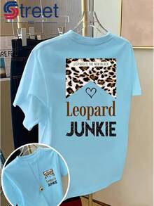Camiseta vintage de mujer con estampado a doble cara, estilo casual de verano con cuello redondo y mangas cortas, camiseta estampada a la moda, con estampado de leopardo "Leopard " con corazones y letras, corte holgado y estilizador, atuendo dulce y fresco para chicas a la moda. - Negro - Ver 10