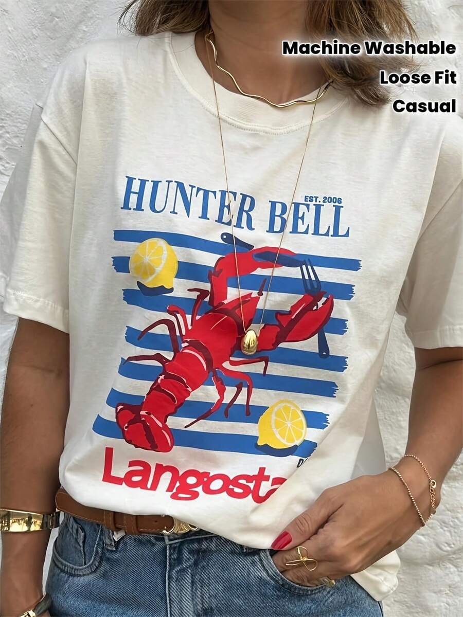 Women's Casual Graphic Print T-Shirt - Loose Fit, Fun Lobster And "HUNTER BELL" Design, Machine Washable, All-Season Top, Breathable Fabric, 100% Cotton, Durable - 白色 - View 1