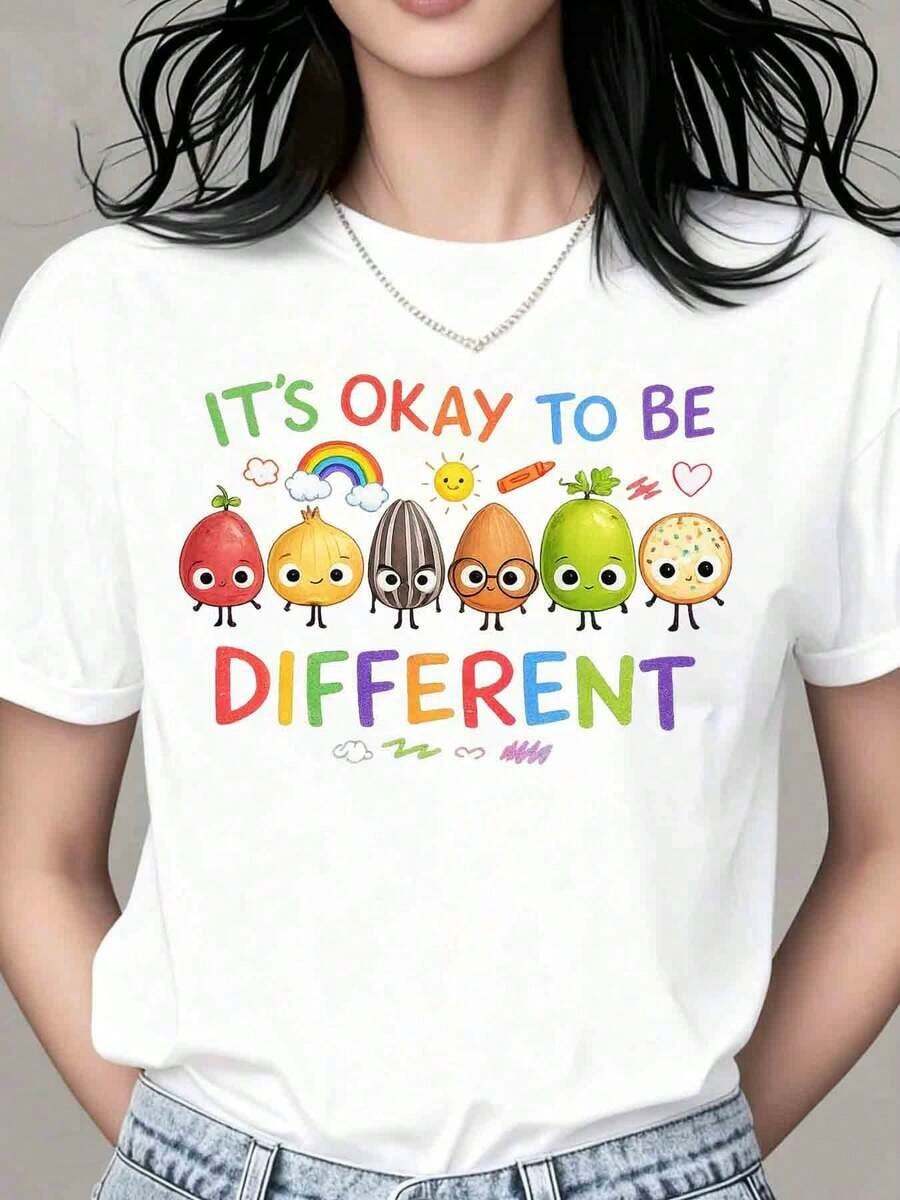 Women's Vintage Short Sleeve T-Shirt "It's Okay To Be Different" With Fruit And Vegetable Print For Casual Summer And Spring Wear, Fashionable Everyday Clothes, Cool And Comfortable T-Shirt For Women - 白色 - 查看 1