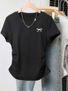 Camiseta ajustada con estampado de lazo para mujer, estilo versátil y elegante para el verano, vuelta al colegio, uso diario, fiesta, cita, que atrae mucha atención - Multicolor 5 - Ver 7