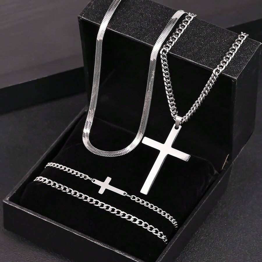 Set Gelang & Kalung Salib Stainless Steel 4 Buah, Gaya Minimalis dan Modis, Cocok untuk Pemakaian Sehari-hari, Hadiah - Set Salib Perak 4 Buah - View 1