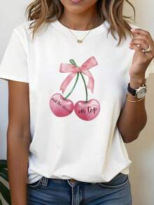 [Oferta Especial de Fiestas]Camiseta de manga corta de primavera-verano para mujer con estampado de cerezas "Just the cherry on top" para el Día de San Valentín, regalo informal para compras - Blanco - Ver 7
