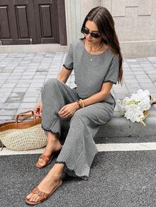 2 piezas Conjunto de top de manga corta de cuello redondo y pantalones de color contrastante para mujer - Blanco y Negro - Ver 5