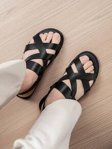 Men's Adjustable Criss-Cross Sandals, Soft Sole Beach Vacation Style Slippers, Comfortable & Fashionable Indoor/Outdoor Strap Slippers - Black - View 2