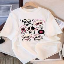Women's White Short Sleeve Cotton T-Shirt With Fun Cartoon Dog Print, Casual Round Neck Regular Hem Top, High Stretch Comfortable Summer Tee - 白色 - 查看 1